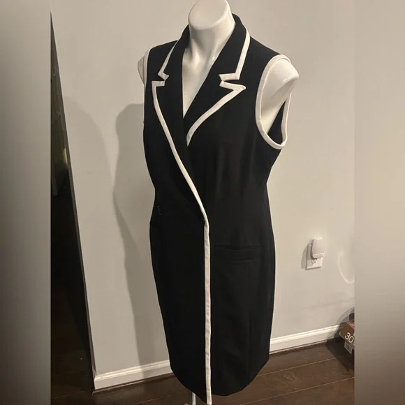 Calvin Klein Black Midi Dress with White Trim - Picture 1 of 8